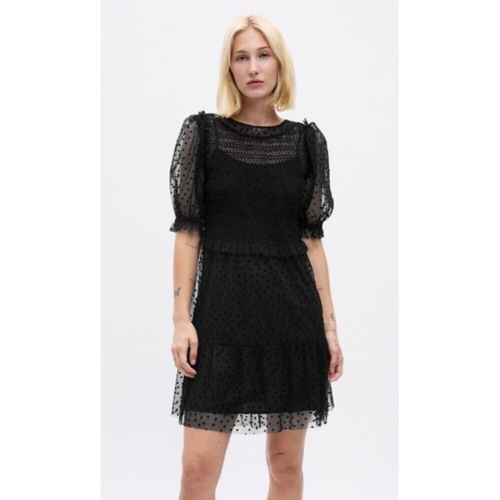 Gap‎ Puff Sleeve Black Mini Dress, Size XS Evening, Cocktail Party, Sheer Mesh